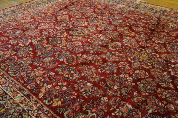 Antique persian sarouk rug 11'4"×17'9" red floral, hand-knotted wool, 1930s - detail view 6