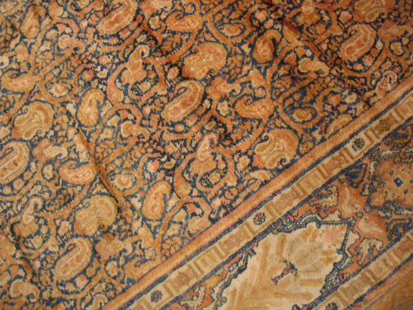 Antique persian senneh rug 12'×22'6" blue foliate design, 1900s - detail view 8