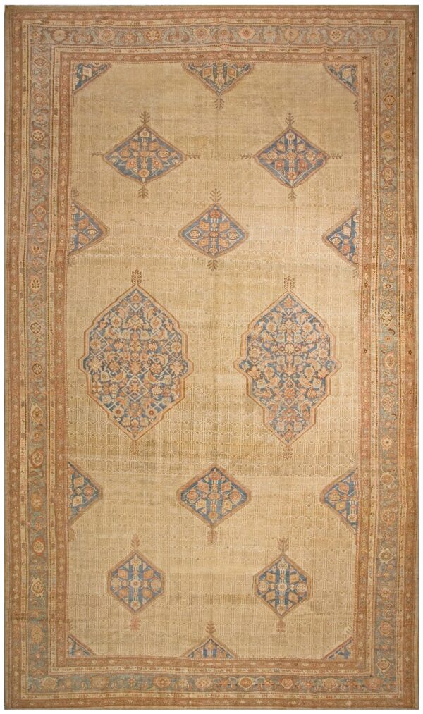 Antique persian serab carpet 11'6"×18'9" camel & light blue medallion, circa 1890 1 Antique persian serab carpet 11'6"×18'9" camel & light blue medallion, circa 1890