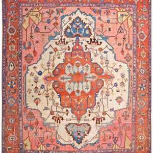 Antique Persian Serapi Carpet 9'10"×11'10" Ivory & Red Rust, Medallion Design, Circa 1880