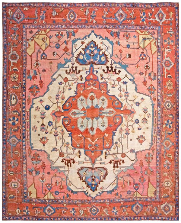 Antique persian serapi carpet 9'10"×11'10" ivory & red rust, medallion design, circa 1880