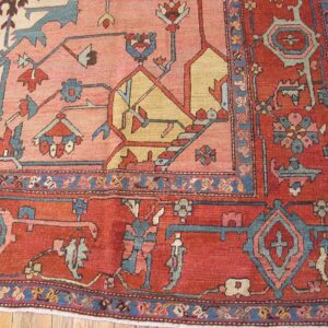 Antique Persian Serapi Carpet 9'10"×11'10" Ivory & Red Rust, Medallion Design, Circa 1880 - detail view 2