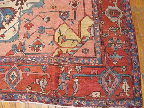 Antique persian serapi carpet 9'10"×11'10" ivory & red rust, medallion design, circa 1880 - detail view 2