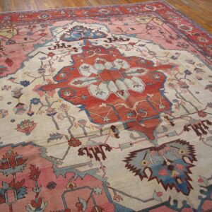 Antique Persian Serapi Carpet 9'10"×11'10" Ivory & Red Rust, Medallion Design, Circa 1880 - detail view 6
