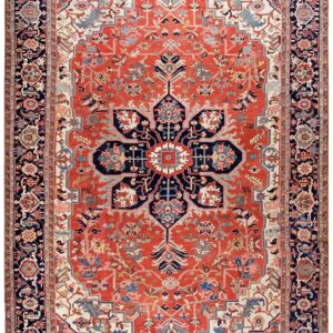 Antique Persian Serapi Carpet 12'6"×18'9" Red & Navy Geometric, Circa 1890