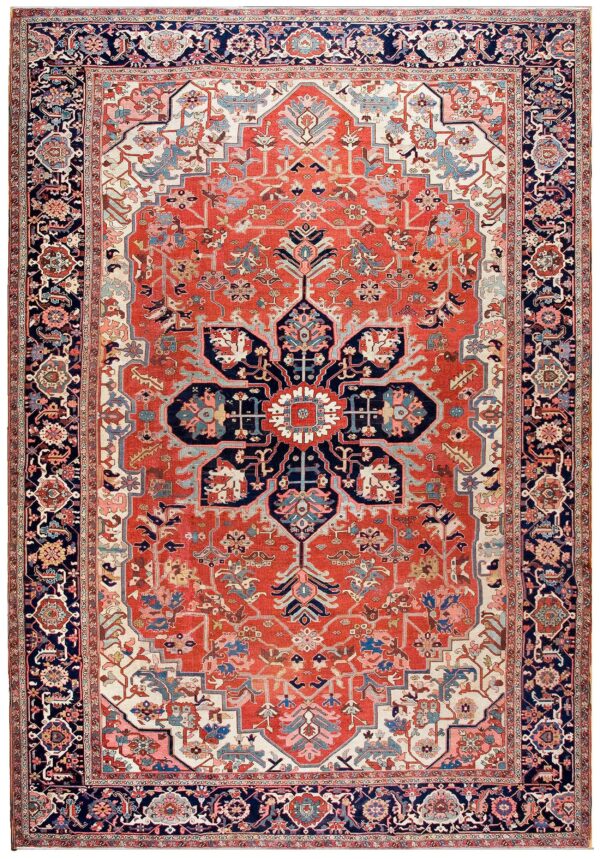 Antique persian serapi carpet 12'6"×18'9" red & navy geometric, circa 1890