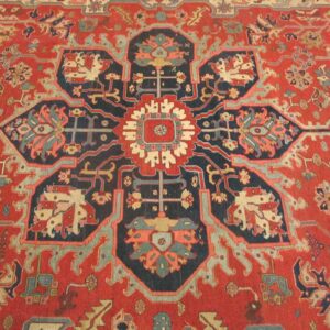 Antique Persian Serapi Carpet 12'6"×18'9" Red & Navy Geometric, Circa 1890 - detail view 1