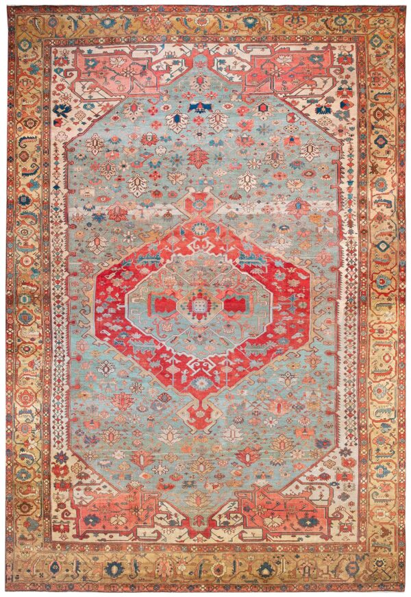 Antique persian serapi carpet 16'8"×24'10" sky blue & camel, circa 1890