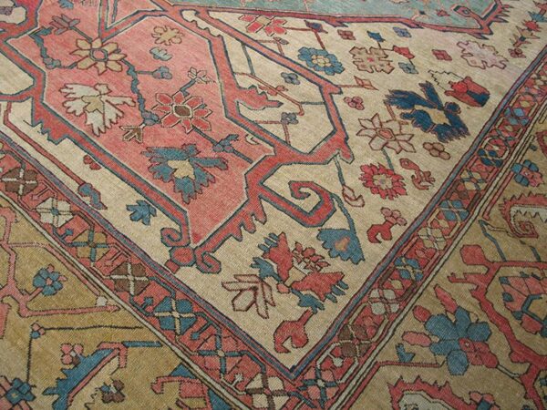 Antique persian serapi carpet 16'8"×24'10" sky blue & camel, circa 1890 - detail view 6