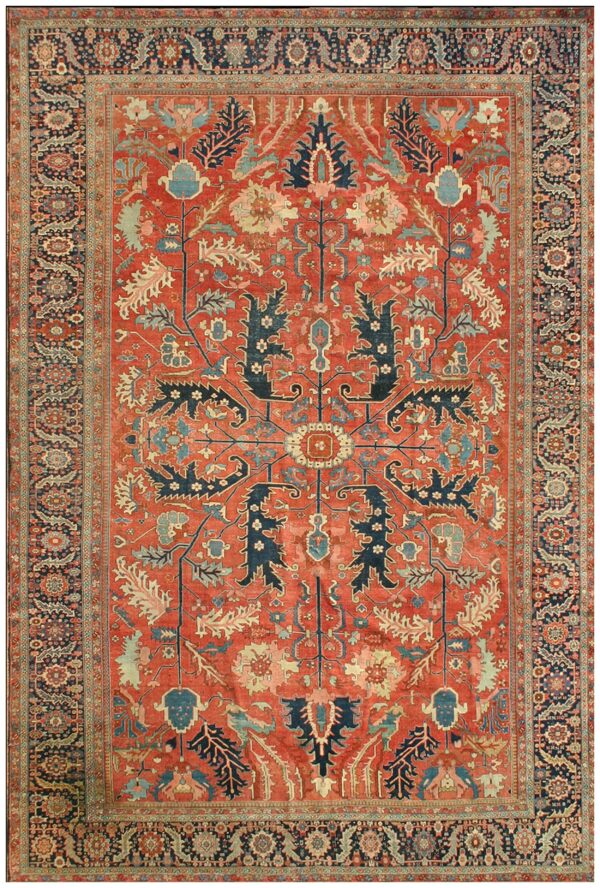 Antique persian serapi carpet 11'6"×16'3" strong red & blue, hand-knotted wool, 1880s