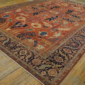 Antique Persian Serapi Carpet 11'6"×16'3" Strong Red & Blue, Hand-Knotted Wool, 1880s - detail view 1