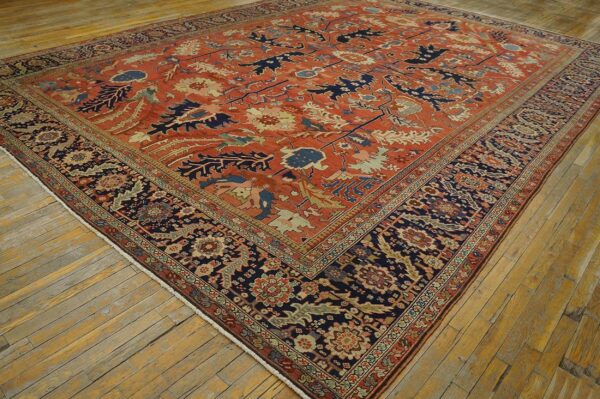 Antique persian serapi carpet 11'6"×16'3" strong red & blue, hand-knotted wool, 1880s - detail view 1