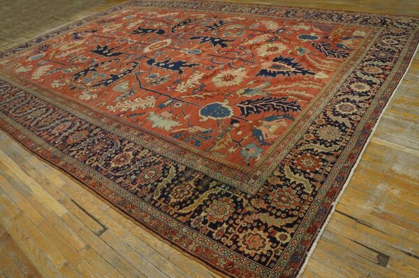 Antique persian serapi carpet 11'6"×16'3" strong red & blue, hand-knotted wool, 1880s - detail view 2