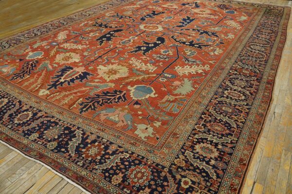 Antique persian serapi carpet 11'6"×16'3" strong red & blue, hand-knotted wool, 1880s - detail view 3