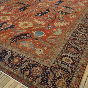Antique Persian Serapi Carpet 11'6"×16'3" Strong Red & Blue, Hand-Knotted Wool, 1880s - detail view 4