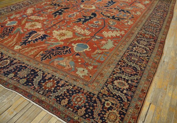 Antique persian serapi carpet 11'6"×16'3" strong red & blue, hand-knotted wool, 1880s - detail view 4