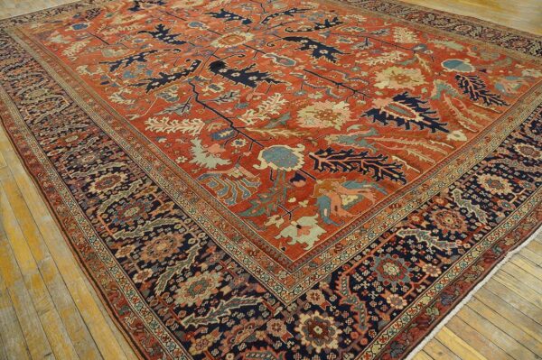 Antique persian serapi carpet 11'6"×16'3" strong red & blue, hand-knotted wool, 1880s - detail view 5