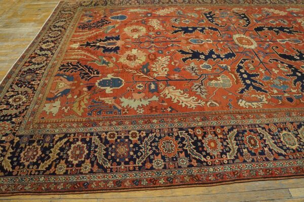 Antique persian serapi carpet 11'6"×16'3" strong red & blue, hand-knotted wool, 1880s - detail view 6