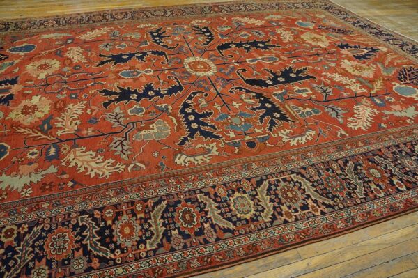 Antique persian serapi carpet 11'6"×16'3" strong red & blue, hand-knotted wool, 1880s - detail view 7