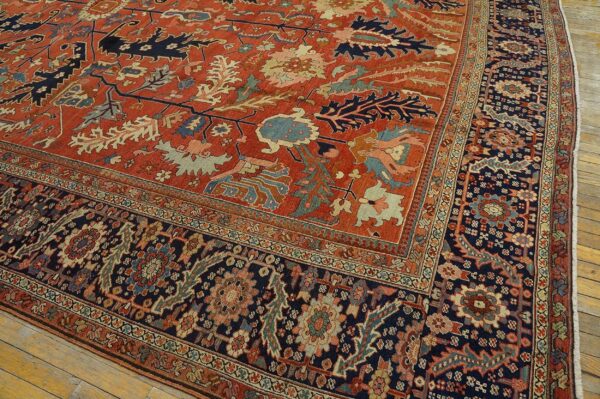 Antique persian serapi carpet 11'6"×16'3" strong red & blue, hand-knotted wool, 1880s - detail view 8