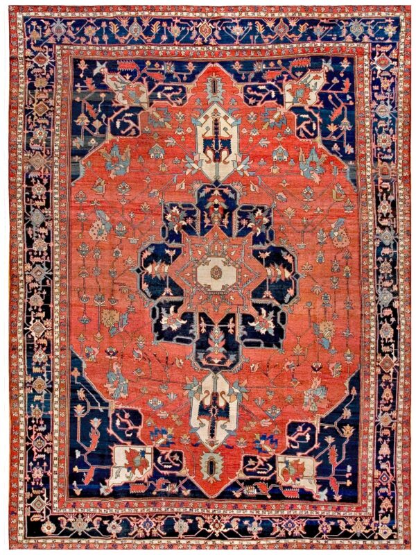 Antique persian serapi rug 10'6"×14'3" red medallion, 1890s