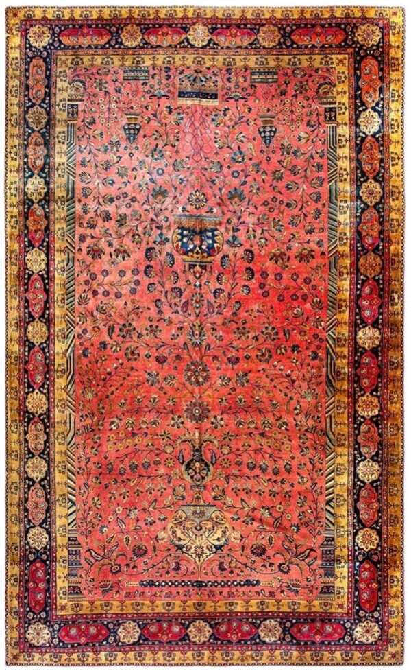 Antique persian silk & wool kashan carpet 10'3"×16'8" pink floral, grand scale, circa 1925