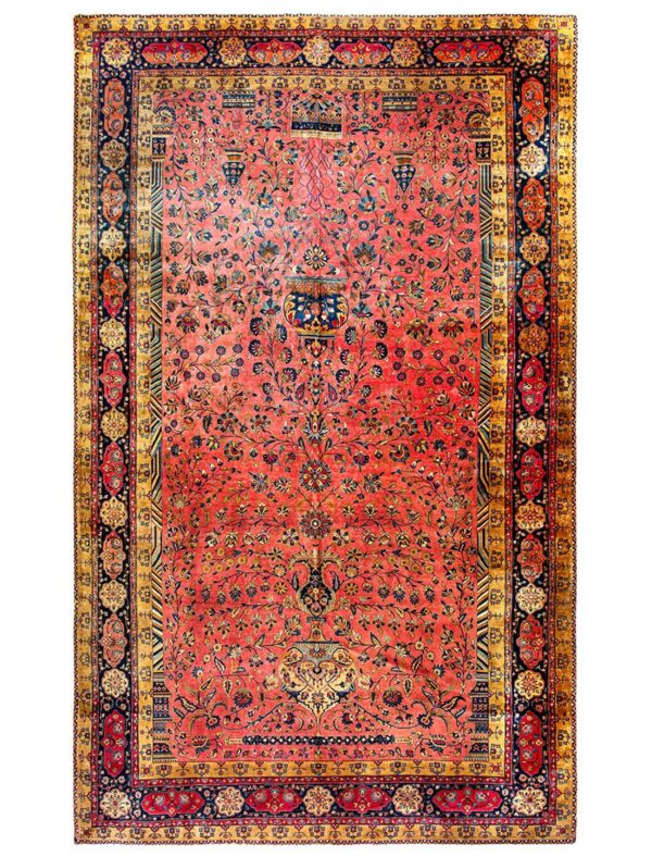 Antique persian silk & wool kashan carpet 10'3"×16'8" pink floral, grand scale, circa 1925 - detail view 1
