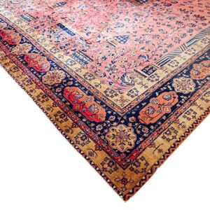 Antique Persian Silk & Wool Kashan Carpet 10'3"×16'8" Pink Floral, Grand Scale, Circa 1925 - detail view 2