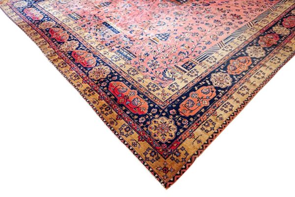 Antique persian silk & wool kashan carpet 10'3"×16'8" pink floral, grand scale, circa 1925 - detail view 2