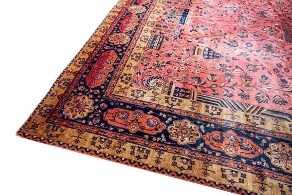 Antique persian silk & wool kashan carpet 10'3"×16'8" pink floral, grand scale, circa 1925 - detail view 3