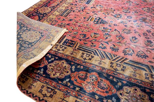 Antique persian silk & wool kashan carpet 10'3"×16'8" pink floral, grand scale, circa 1925 - detail view 4