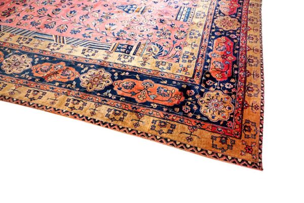 Antique persian silk & wool kashan carpet 10'3"×16'8" pink floral, grand scale, circa 1925 - detail view 6