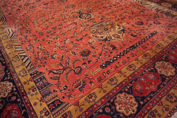 Antique persian silk & wool kashan carpet 10'3"×16'8" pink floral, grand scale, circa 1925 - detail view 8