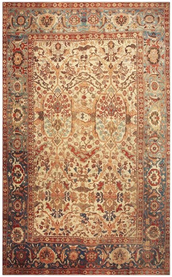Antique persian sultanabad carpet 13'2"×20'8" ivory field, red border, floral medallion, 1890s