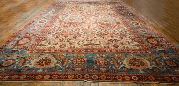 Antique persian sultanabad carpet 13'2"×20'8" ivory field, red border, floral medallion, 1890s - detail view 1