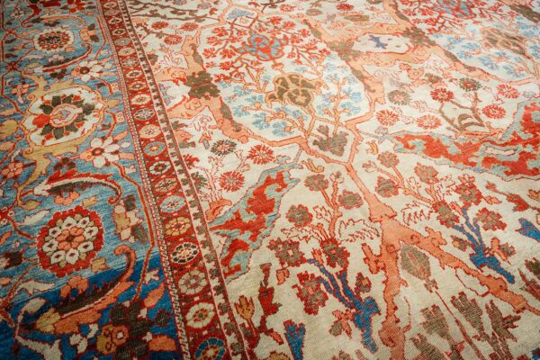 Antique persian sultanabad carpet 13'2"×20'8" ivory field, red border, floral medallion, 1890s - detail view 6