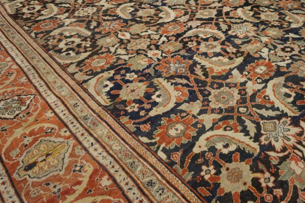 Antique persian sultanabad carpet 22'2"×38'2" slate & salmon, monumental floral, circa 1890 - detail view 5