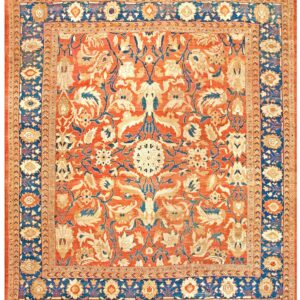 Antique Persian Sultanabad Rug 12'6"×14' Coral Red & Blue, 1880s