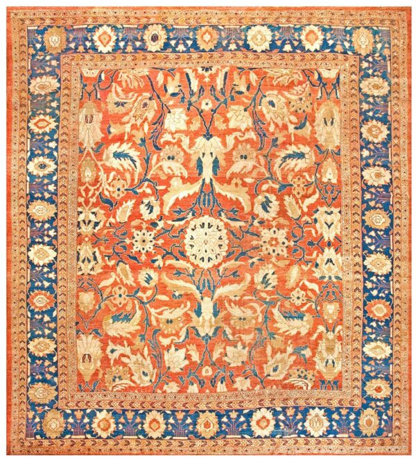 Antique persian sultanabad rug 12'6"×14' coral red & blue, 1880s