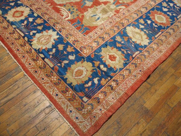 Antique persian sultanabad rug 12'6"×14' coral red & blue, 1880s - detail view 1