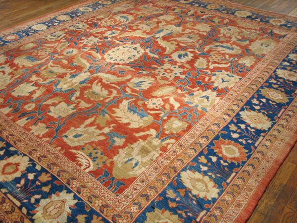 Antique persian sultanabad rug 12'6"×14' coral red & blue, 1880s - detail view 2