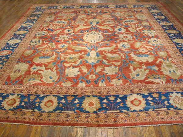 Antique persian sultanabad rug 12'6"×14' coral red & blue, 1880s - detail view 3
