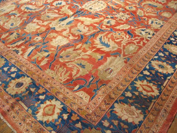 Antique persian sultanabad rug 12'6"×14' coral red & blue, 1880s - detail view 4