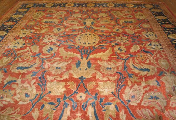 Antique persian sultanabad rug 12'6"×14' coral red & blue, 1880s - detail view 5