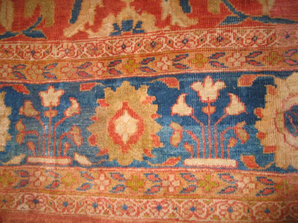 Antique persian sultanabad rug 12'6"×14' coral red & blue, 1880s - detail view 7