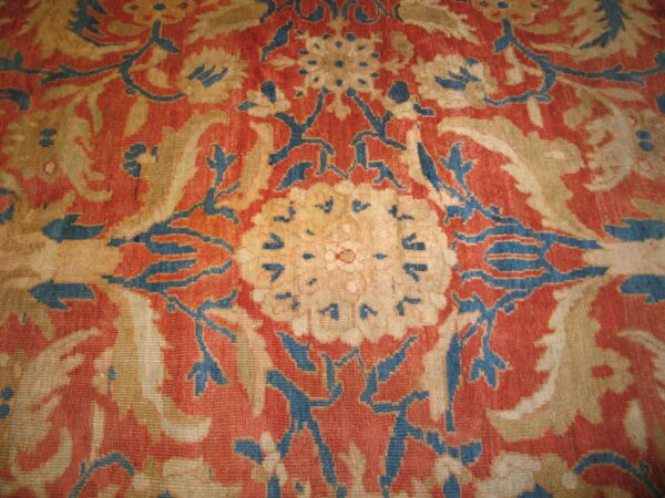 Antique persian sultanabad rug 12'6"×14' coral red & blue, 1880s - detail view 8