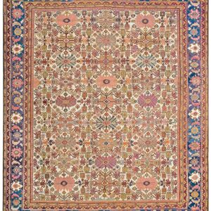 Antique Persian Sultanabad Rug 10'×13' Ivory & Blue Geometric, Circa 1900