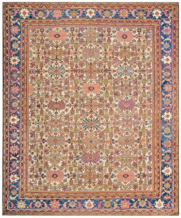 Antique persian sultanabad rug 10'×13' ivory & blue geometric, circa 1900