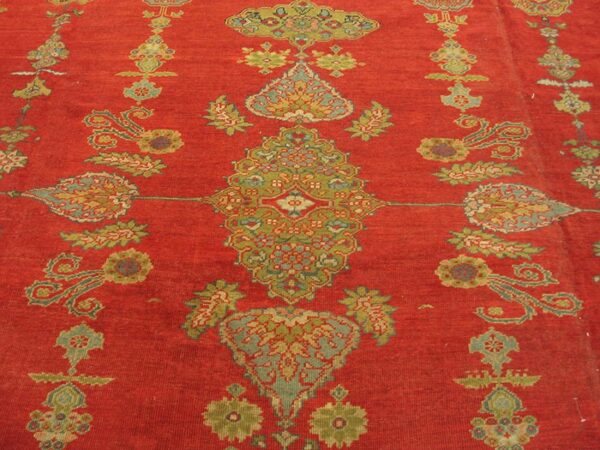 Antique persian sultanabad rug 14'×19' red & moss green, small medallion, circa 1890 - detail view 2