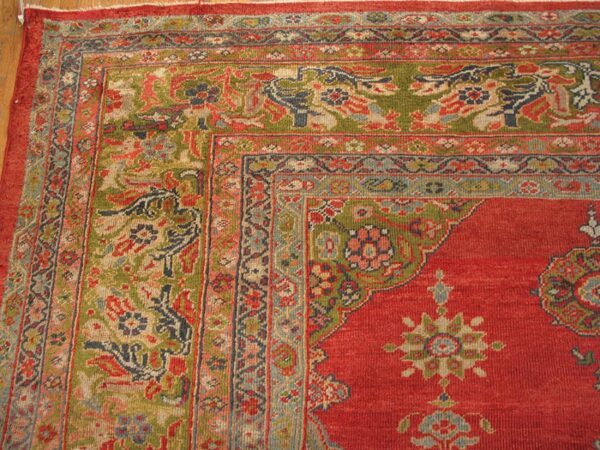 Antique persian sultanabad rug 14'×19' red & moss green, small medallion, circa 1890 - detail view 3